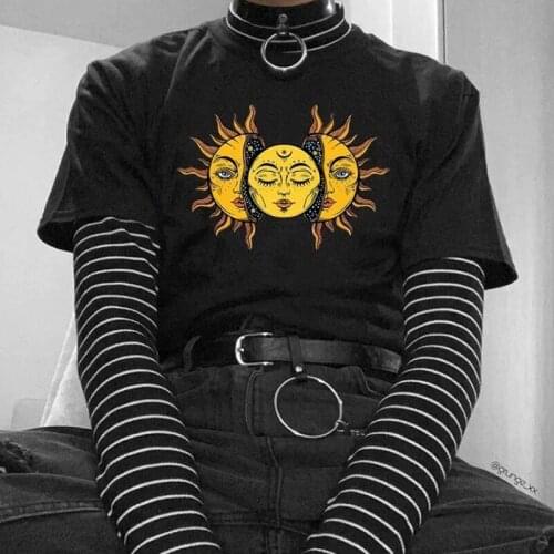 Harajuku Sun And Moon Graphic Sleeve Tops Novelty Funny T Shirt Women Casual Oversized Printed T Shirt Women Clothing T-shirts