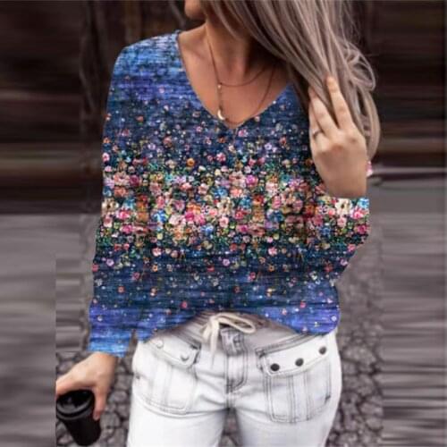 Women Long-sleeved Blouse Fashion V Neck Floral Printed Pullover Ladies Loose Shirt Vintage Casual Street Elegant Female Tops
