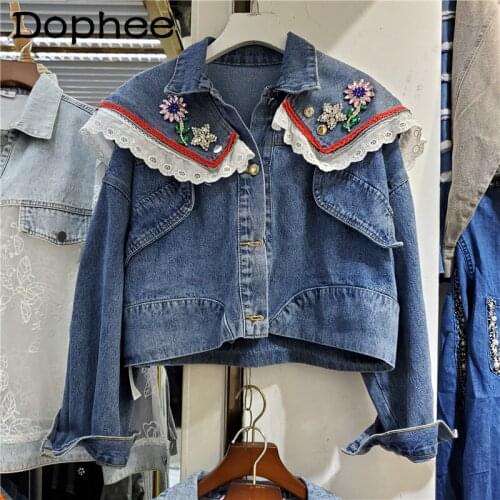 2021 Autumn New Loose Slimming All-Matching Denim Jacket Women Rhinestone Crop Jean Coats Femme Fashion Detachable Floral Collar