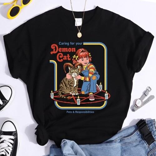 Caring For Your Demon Cat Printing Woman T-shirt Brand o-neck T-shirts Soft Spring Short Sleeved Fashion Brand Woman T-shirt