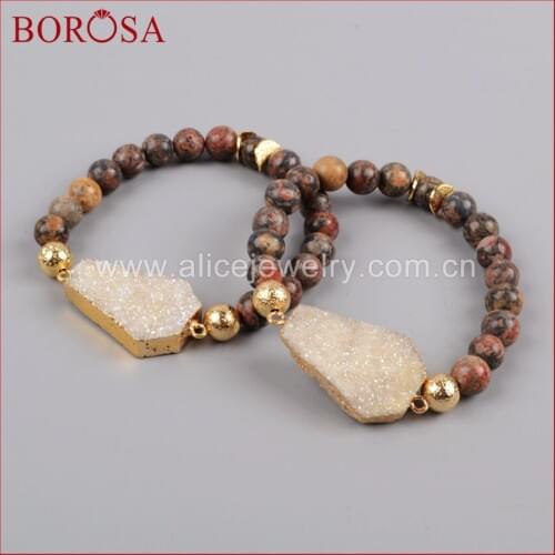 BOROSA Gold Color Long Hexagon Titanium AB Druzy Beaded Bracelet Leopard Skin Natural Stone Beads Bracelets for Women G1196