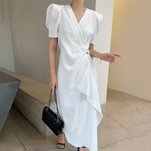Korean Chic Temperament Elegant V-Neck Side Pleated Buttoned One-Piece Waist Slimming Puff Sleeve Dress Women