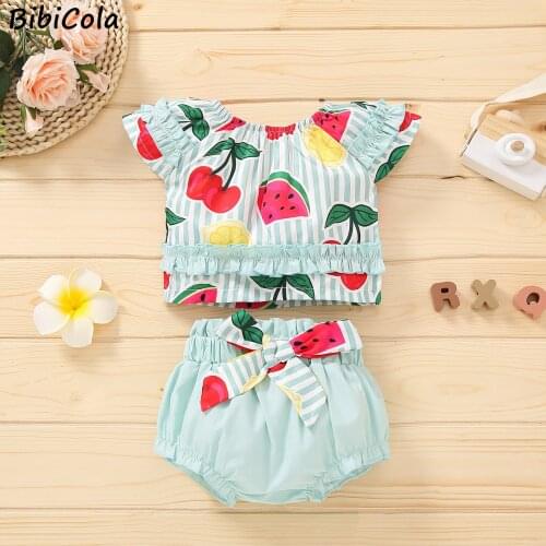 Baby Summer Clothing Tchildren Girl Flying Sleeve Tops + Stripe Shorts Fruit Print Outfit Clothes 2Pcs Set Cute Kids Suit 1-4Y