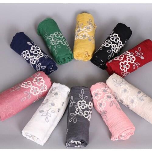 Long popular plain cotton scarf embroidery floral pattern solid color cape autumn muslim hijab popular scarf shawls 20pcs/lot