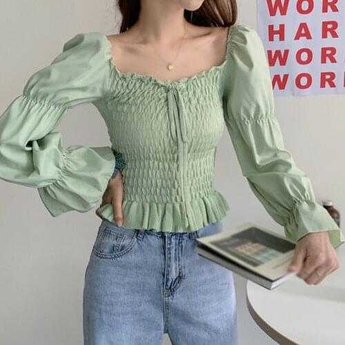 New Summer Women Sweet T-Shirt Solid Color Sexy Square Collar Exposed Navel Long Puff Sleeve Ruffle Top