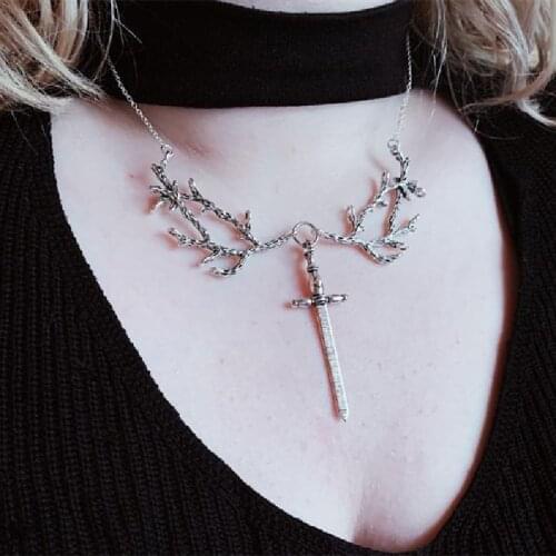 Goth Hawthorn Sword Necklace Branches and Dagger Forest Witch Jewellery Punk Pendant Classical Statement Gothic Women Gift Charm