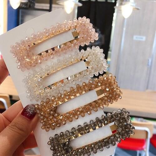 Korean version of square crystal hairpin handmade beaded pearl edge clip ins simple transparent bead fishing line BB clip