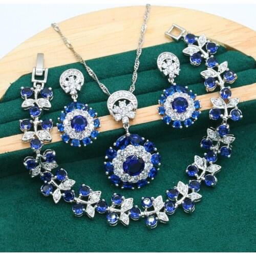Royal Blue Zircon Bride Silver Color Jewelry Set for Women Wedding Bracelet Earrings Necklace Pendant Christmas Birthday Gift
