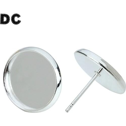 20pcs 8/10/12/14mm Silver Color Metal Ear Studs Round Flat Blank Tray Base Cabochons For DIY Jewelry Making Findings