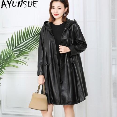 AYUNSUE 100% Genuine Leather Jacket Women Autumn 2021 Plus Size 6XL Black Hooded Sheepskin Coat Jaqueta De Couro Feminina Gxy91