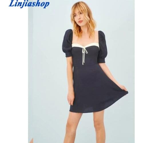 Cute Center Bandage Dresses Vintage Navy White Patchwork Chiffon Vestidos Palace Short Puff Sleeve Women Mini Dress