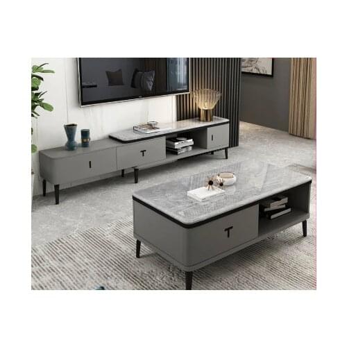 Marble tea table TV cabinet combination modern living room retractable small family floor cabinet black and white gray