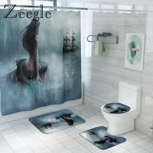 Printed Mermaid Bath Mat and Polyester Shower Curtain Set Toilet Floor Mat Bath Rugs Bathroom Home Decor Shower Room Floor Mat