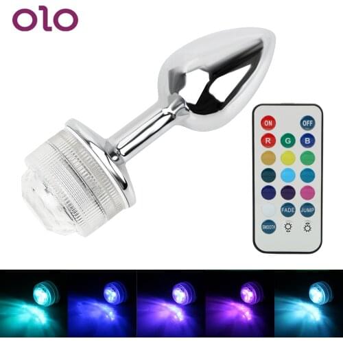 OLO Metal Anal Plug with LED Light Remote Control Prostate Massager No Vibrator Stainless Steel Butt Plug Sex Toys For Couples