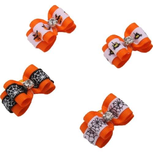 Wholesale 10 Pcs Pet Halloween Hair Accessories Spider Web / Pumpkin / Spider Printed Bow Headdress with Rubber Band