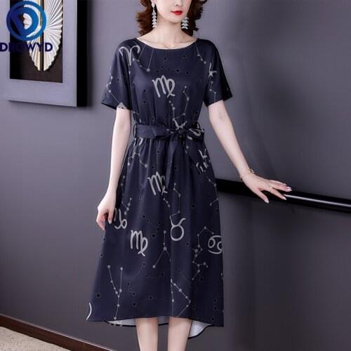 Women Black Print O-neck Long Dress Summer 2021 New Office Lady Short Sleeve Silk High Waist Chic Midi Dresses Traf Robe Vestido