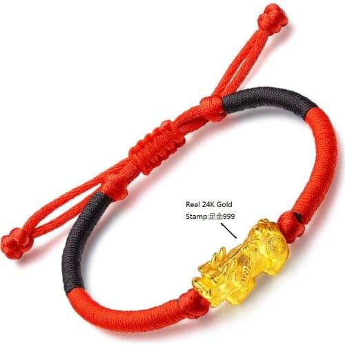 Genuine 24K Yellow Gold Dragon-Son Pixiu Black and Red Cord Bracelet Length from 5" to 15"