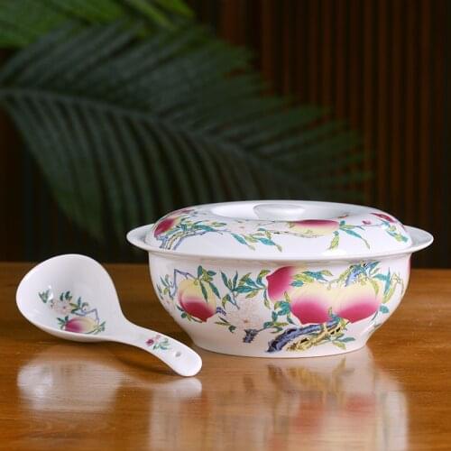 Jingdezhen colorful peach pattern tableware Ceramic soup bowl household soup with a lid Big spoon microwave ceramic