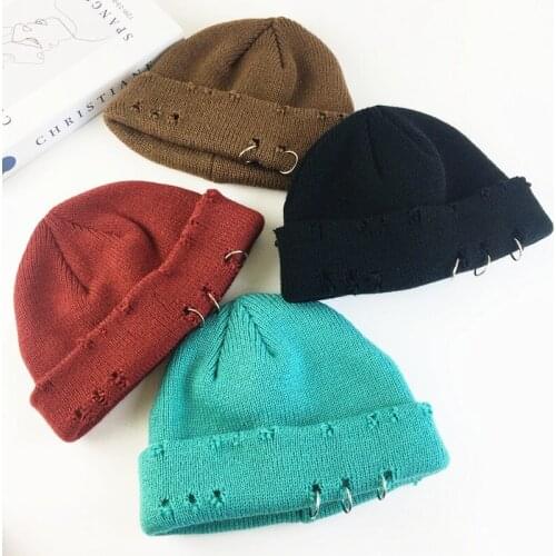 Personality hoop hole wool knit hat Korean men and women couple trend cold hat autumn and winter warm hat