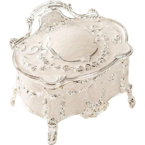 Luxury European Accents Embossed Rose Flower Design Silver White Hand Painted and Jeweled Feeted Metal Jewelry Trinket Box