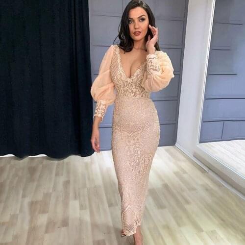V Neck Mermaid Evening Dresses Lace Applique Long Puff Sleeves Gorgeous Prom Dress Custom Made Formal Party Gowns