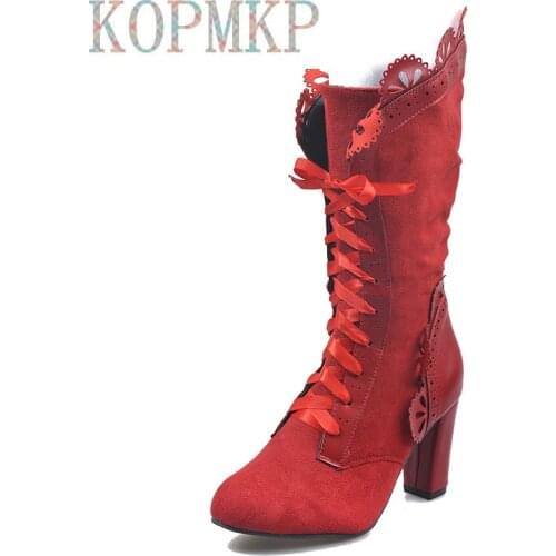 2020 Women Square High Heel Boots Women Sexy Flock Leather Boots Autumn Winter Vintage Lace Shoes Women Lace-Up Fashion Boots