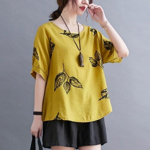 Women Cotton Linen Casual T-shirts New Arrival 2021 Summer Simple Style O-neck Print Loose Female Short Sleeve Tops Tees B570