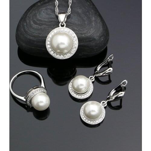 Caucasian Simulated Pearl Ball Beads Jewelry 925 Sterling silver Jewelry Sets For Women Earrings/Rings/Pendant/Necklace Set