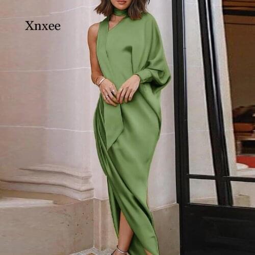 Sexy One Shoulder Draped Side Slit Dress Spring Autumn Long Sleeve Solid Party Bodycon Women Vintage Irregular Long Vestidos