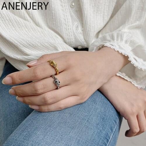 ANENJERY 925 Sterling Silver Retro Handmade Knot Thai Silver Ring for Women Twist Wave Open Finger Ring Jewlery Gifts S-R820