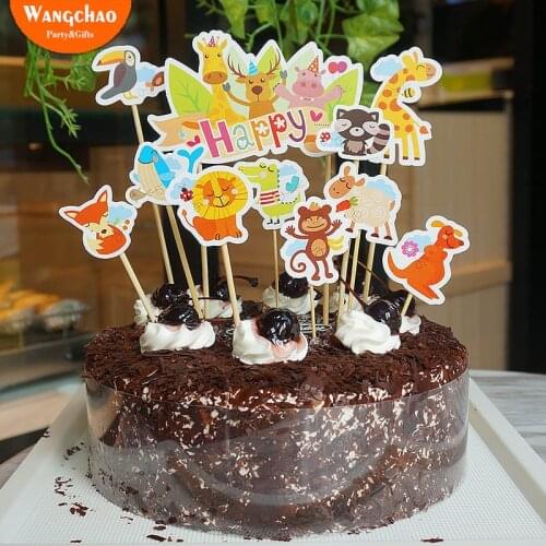 11pcs/set Safari Party Theme Happy Birthday Cake Topper Cartoon Jungle Animals Theme Cake Decorations Kids Favors Party Supplies