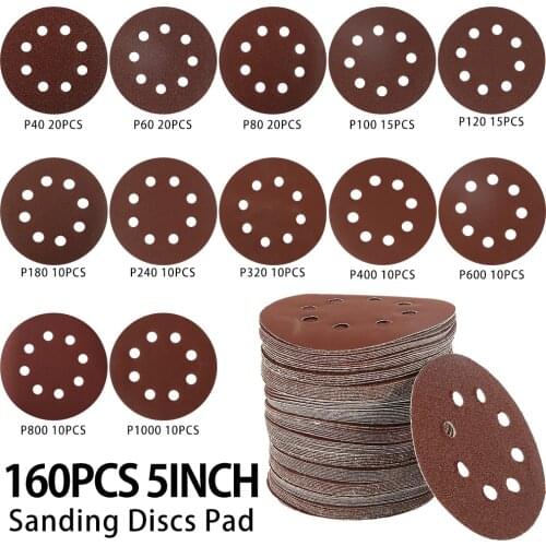 160 Pcs 5 Inch 125mm 8 Hole 40-1000 Grit Round Shape Sanding Discs Hook Loop Buffing Sheet Sandpaper 8 Hole Sander Polishing Pad
