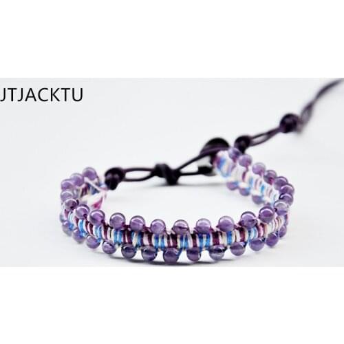 Amethsty beads cotton cord bracelet leather for lady