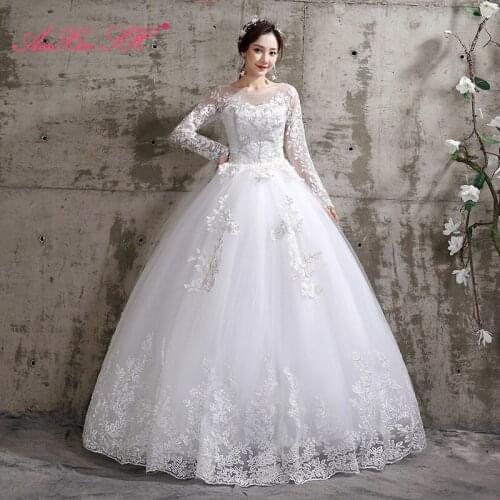 AXJFU princess white flower lace wedding dress ball gown vintage o neck illusion long sleeve party bride white wedding dress