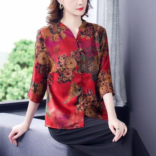 2021 Spring Casual 4XL Plus Size Tops and Blouses Summer Vintage Satin Print Mulberry Silk Shirts Women Elegant Bodycon Blouses