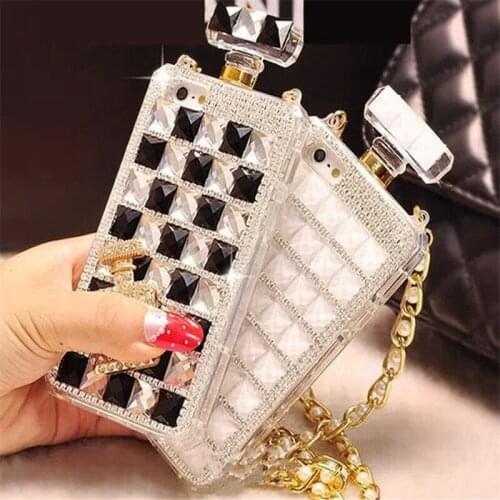Fashion Bonzer Bling Diamond Crystal Perfume Bottle Chain DIY Rhinestone Handbag Case Cover for iPhone X 6 6S 7 8 PLUS