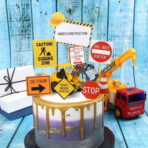 Childrens Construction Vehicle Excavator Bulldozer Sign Cake Topper Kids Birthday Baby Shower Cake Decorations Suppliies