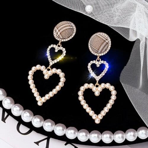 European and American Retro Plaid Korean Fashion Jewelry Temperament Love Pearl Earrings for Women Cubic Zirconia Mosaic