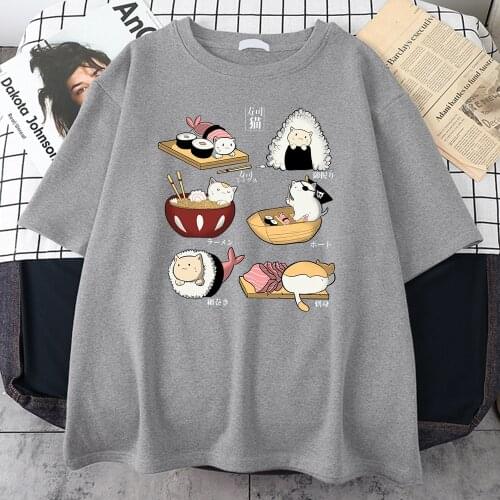 Food Cute Cat Sushi Cartoon Style Print Mens T Shirt Vogue Loose T-Shirts Street Vintage T-Shirt Sport Quality Mens Clothing