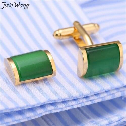 Julie Wang 1pair Gold Color Brass Made Cuff Links For Men Green Crystal Decored High End Tuxedo French Shirt Formal Accessories