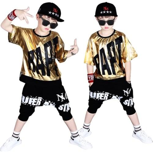 Big Boys Summer Sets Letters Print Golden and Silver Design Loose Fit T-shirts+Shorts 2PCS Clothing Sets Hip Hop Dancer Sets