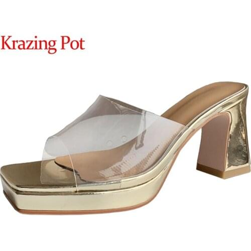 Krazing pot genuine leather high heel square toe transparent jelly shoes thick bottom daily wear modern mules women sandals L44