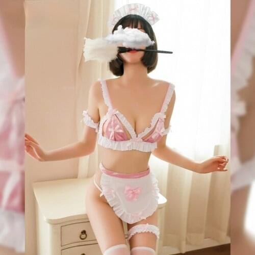 Maid Outfit Pink Blue Uniform Miniskirt Fun Underwear Three-point Uniform Alluring Female Hollow Lace Kawaii Lingerie