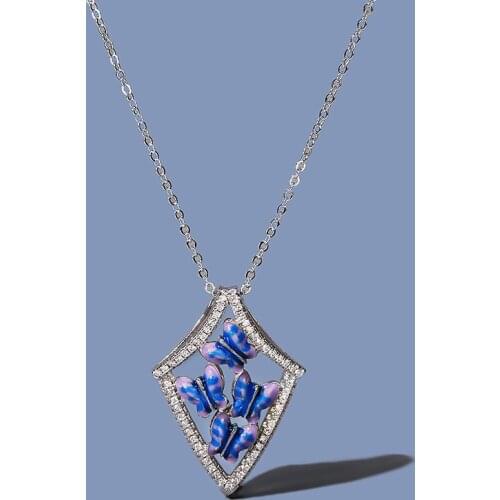 New Trendy Color Butterfly 925 Silver Pendant Necklace Exquisite Handmade Enamel Zircon Stone Necklace Chain Ladie Party Jewelry