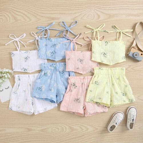 New Girls Floral Print Clothes Set, Irregular Hem Sleeveless Cropped Tops + Short Pants for Summer