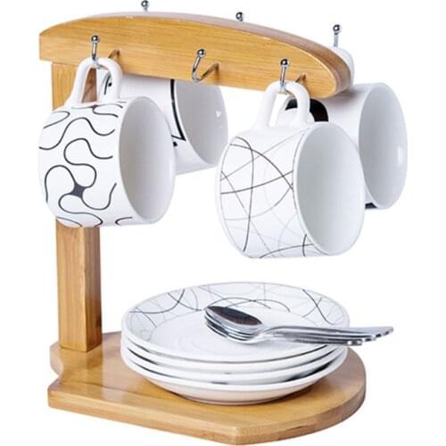 Cup Holder Mug Rack - Bamboo Coffee Cup Rack Home Storage Creative Tea Mug and Saucer Display Organizer-Holds 6 Mugs