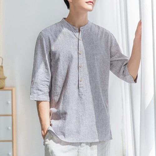 Summer Thin Style Stand-Up Collar Striped Short-Sleeved Linen Shirt Mens Loose Three-Quarter Sleeve Cotton And Linen Shirt Men