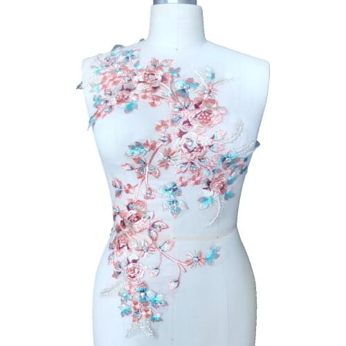 Sew on rhinestones beads embroidery flower multicolored champagn lace applique trim patches 60*30cm for dress DIY accessories