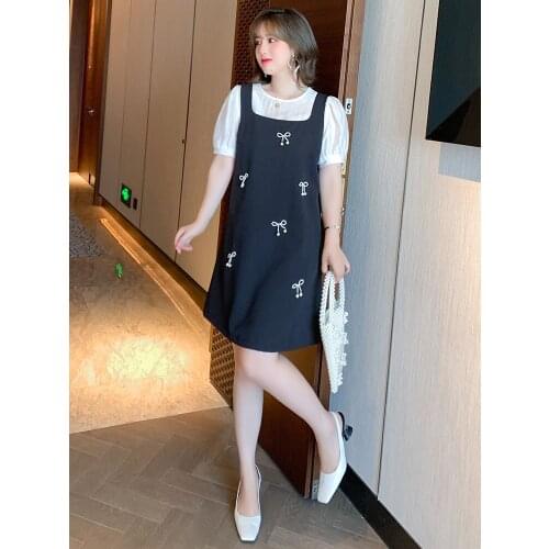 High quality Pure color hubble-bubble sleeve shirt + nail bead shoulder-straps two-piece women new summer dress