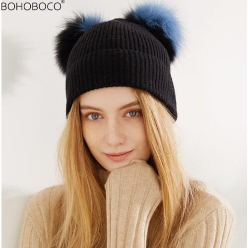 Winter Woman Hats High Quality Knitted Vogue Warm Casual Pure cashmere fox double color wool ball knitted hat